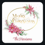 Gold Merry Christmas Text w/Poinsettias and Pine Square Sticker<br><div class="desc">Sprays of elegant watercolor style poinsettias and berries with winter pine and greenery with oval gold gradient band and custom "Merry Christmas" font with gold sparkles and editable text field.</div>