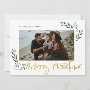 Gold Merry Christmas Three Photo Holiday Card