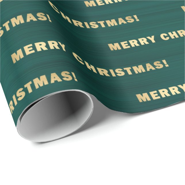 Gold Merry Christmas Typography Dark Teal Metallic Wrapping Paper (Roll Corner)