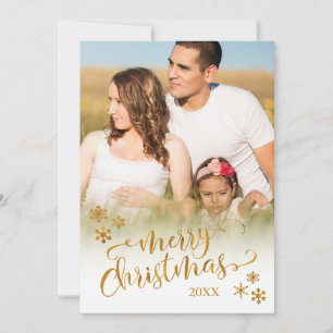 Gold Merry Christmas with Photo & Snowflakes Holiday Card
