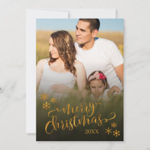 Gold Merry Christmas with Photo & Snowflakes Holiday Card