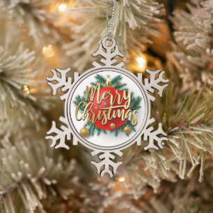 Gold Merry Christmas with wreath Snowflake Pewter Christmas Ornament