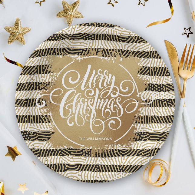 Gold Merry Christms Black White Stripes Paper Plate (Creator Uploaded)