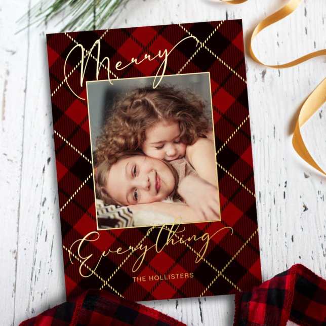 Gold Merry Everything Calligraphy Red Plaid Photo (Creator Uploaded)
