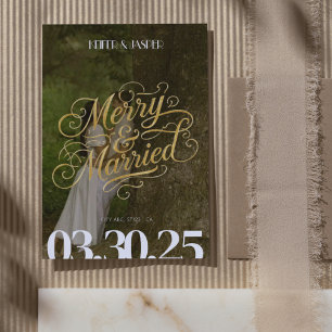 Gold Merry & Married First Christmas Photo Holiday Card