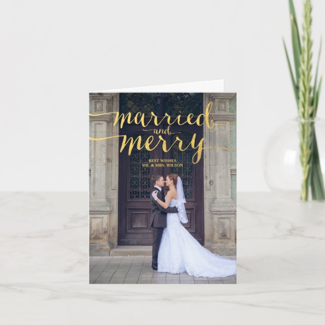 GOLD MERRY & MARRIED | HOLIDAY PHOTO NOTE CARD (Front)