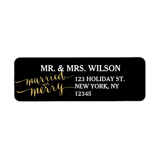 Gold Merry & Married Holiday Return Address Label (Front)