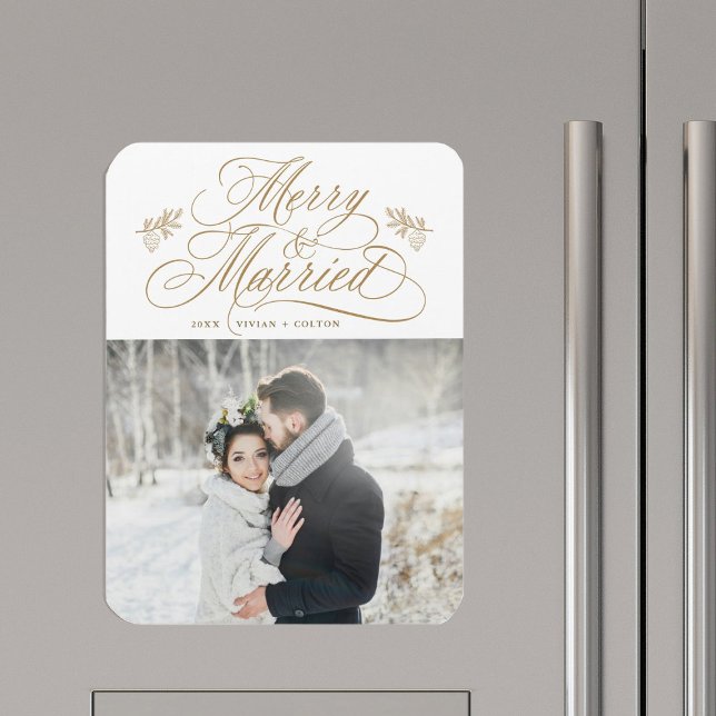 Gold Merry & Married Newly Weds Christmas Photo Magnet (Creator Uploaded)