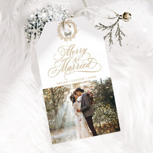 Gold Merry & Married Newly Weds Photo Gift Tags