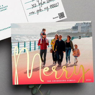 GOLD Merry Red Gradient Happy Christmas Photo Foil Holiday Postcard