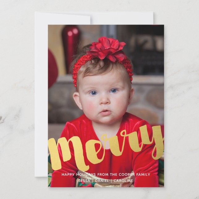 Gold Merry Script Christmas Holiday Photo Card (Front)