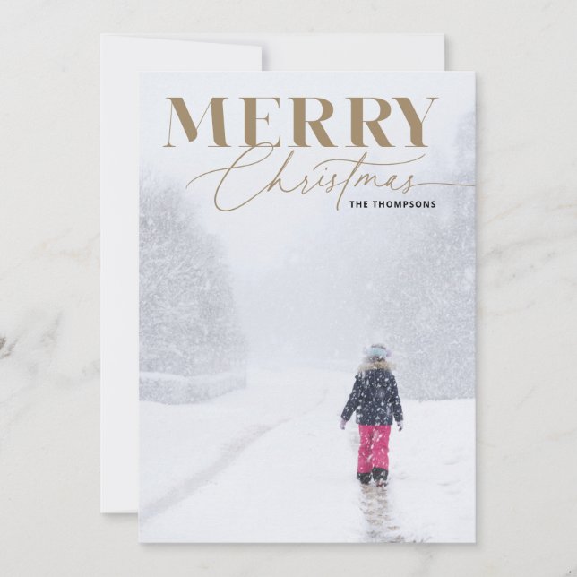 Gold Merry Script Serif Christmas Portrait Photo Holiday Card (Front)