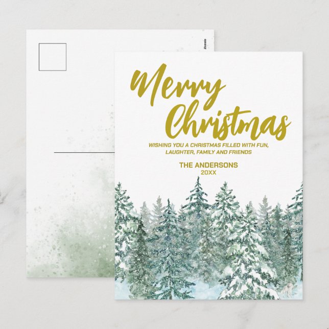 Gold Merry xmas trees forest Modern script Holiday Postcard (Front/Back)