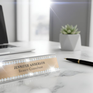 Gold Metal And Glitter Diamond  Desk Name Plate