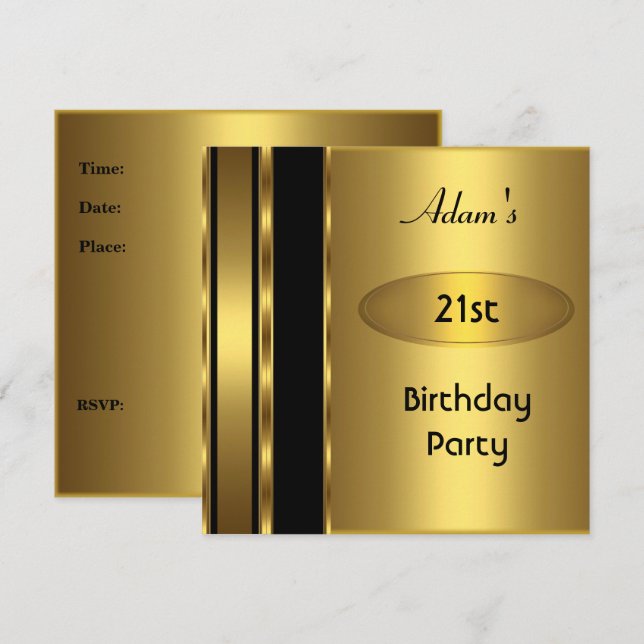 Gold Metal Black Mens 21st Birthday Party Man Invitation (Front/Back)