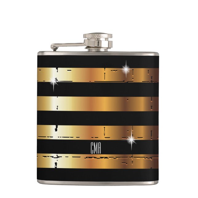 Gold Metal & Black Stripe | DIY Monogram Hip Flask (Front)