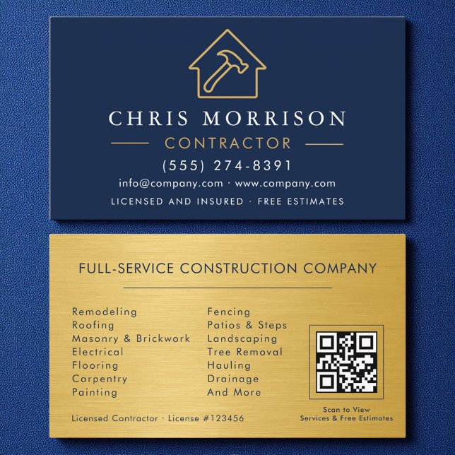Gold Metal Building Construction QR Code Navy Blue Business Card (Creator Uploaded)