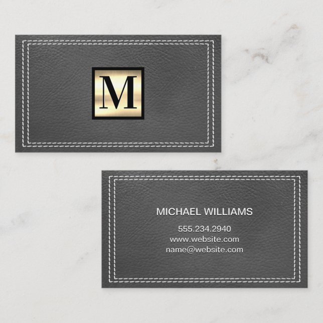 Gold Metal | Classic Monogram | Stitched Leather Business Card (Front/Back)