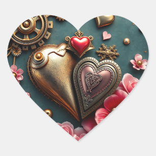 Gold Metal Hearts and Gears Steampunk Heart Sticker