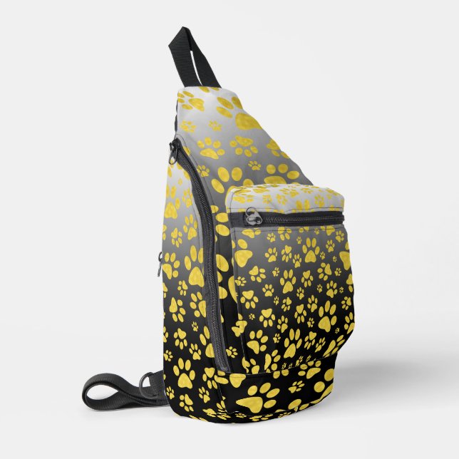 Gold metal pattern paws on gradient background sling bag (Left Corner)