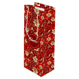 Gold Metal Poinsettias On Red Wine Gift Bag