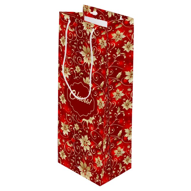 Gold Metal Poinsettias On Red Wine Gift Bag (Front Angled)