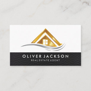 Gold Metal Real Estate Logo   Leather Business Card
