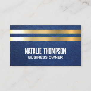 Gold Metal Stripes Blue Leather Business Card