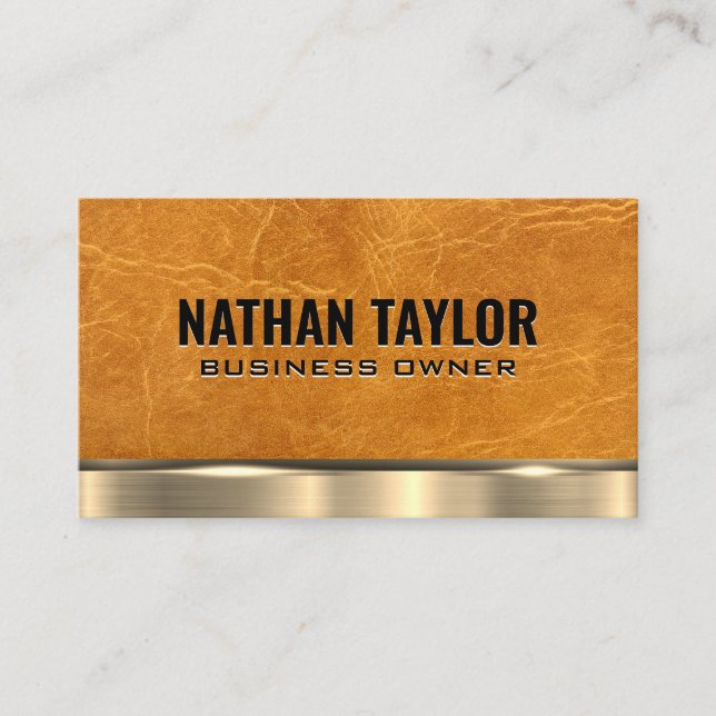 Gold Metal | Tan Leather  Business Card (Front)