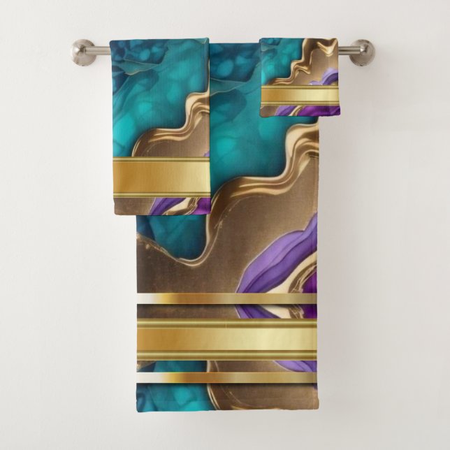 Gold Metallic Accents on Teal and Purple Swirls  Bath Towel Set (Insitu)