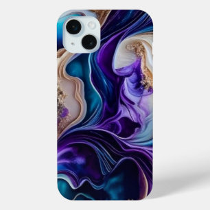 Gold Metallic Accents on Teal and Purple Swirls iPhone 15 Mini Case