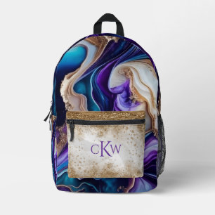 Gold metallic accents on teal and purple swirls printed backpack