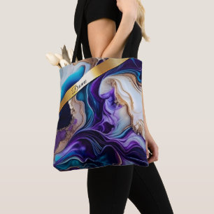 Gold metallic accents on teal and purple swirls tote bag