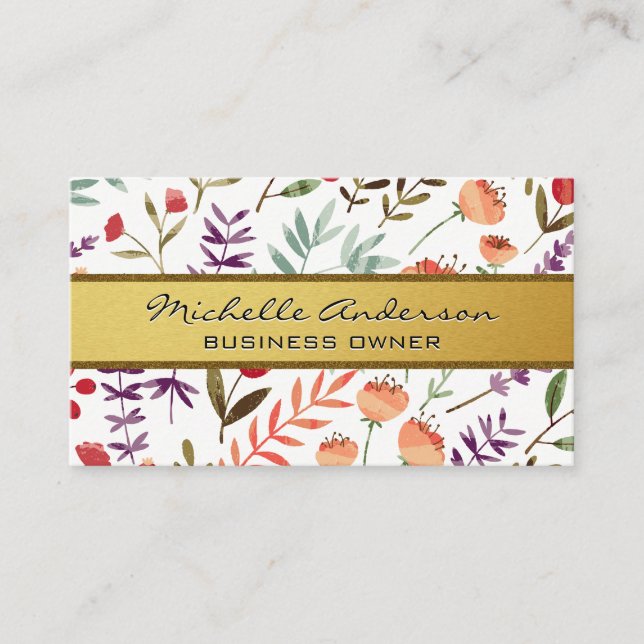 Gold Metallic Band | Flowers and Leaves Pattern Business Card (Front)
