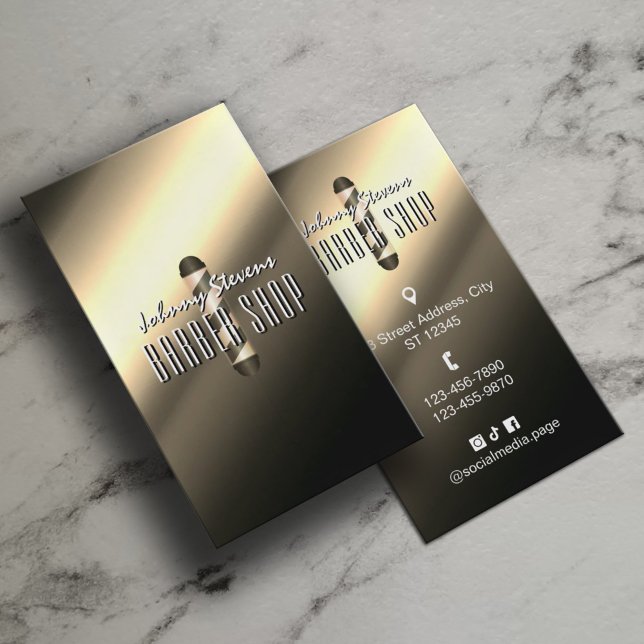 Gold metallic barber shop pole barbershop business card (Creator Uploaded)