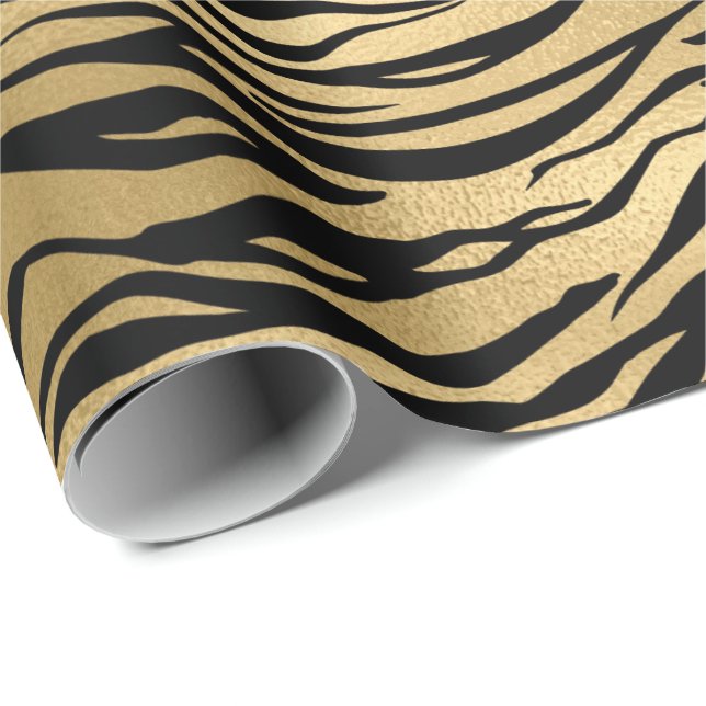 Gold Metallic Black Tiger Animal Skin Elegant Glam Wrapping Paper (Roll Corner)
