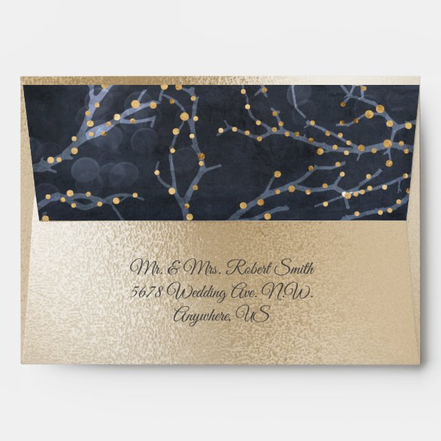 Gold Metallic Blue Fairy Light Branches Wedding Envelope (Back (Top Flap))