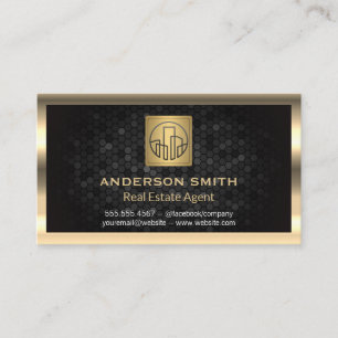 Gold Metallic Border   Building Icon   Geometric Business Card