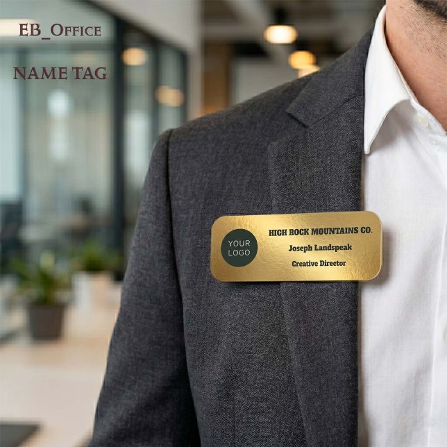 Gold Metallic Business Employee Logo Name Tag (Gold Classic Name Tag.
Custom 3” x 1” rectangle with rounded corners for business logos.
)