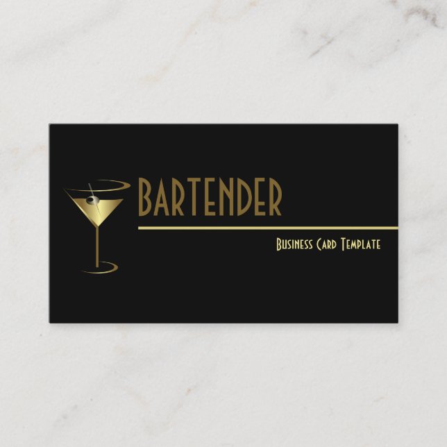 Gold Metallic Cocktail Logo Bartender Business Card (Front)