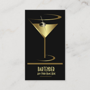 Gold Metallic Cocktail Logo Bartender Business Card