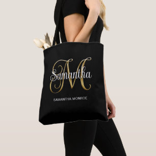 Gold Metallic Curly Signature M Monogram Black Tote Bag