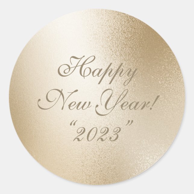 Gold Metallic Elegant Happy New Year Script Classic Round Sticker (Front)