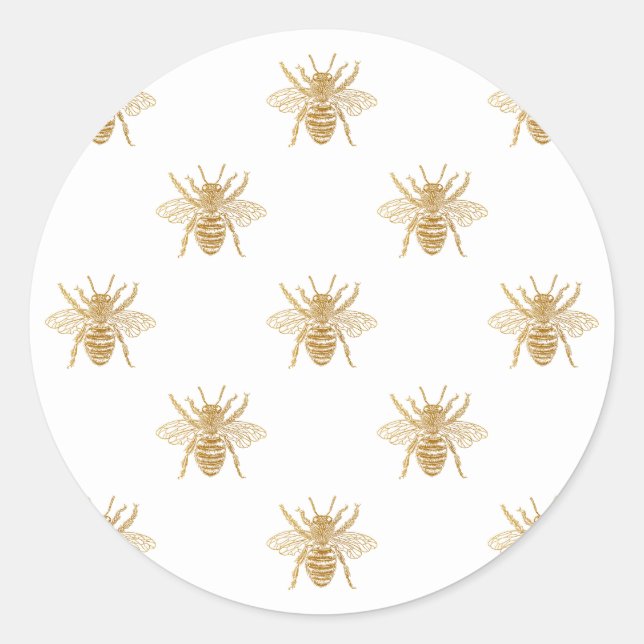 Gold Metallic Faux Foil Photo-Effect Bees on White Classic Round Sticker (Front)