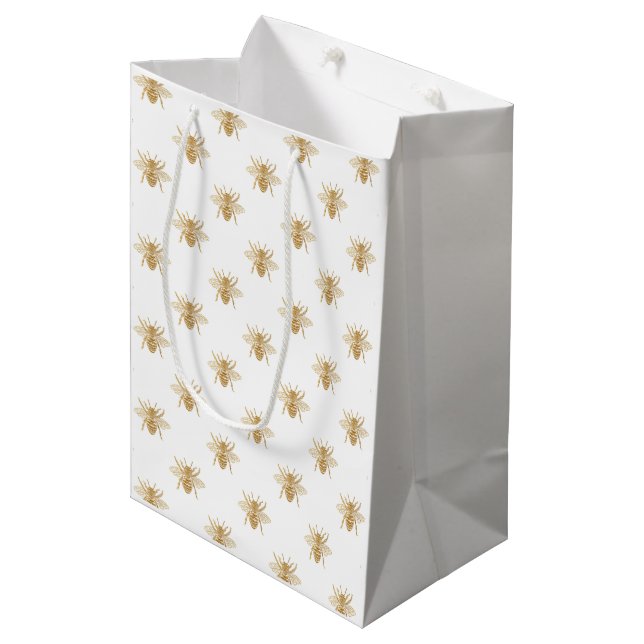Gold Metallic Faux Foil Photo-Effect Bees on White Medium Gift Bag (Front Angled)