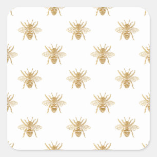 Gold Metallic Faux Foil Photo-Effect Bees on White Square Sticker