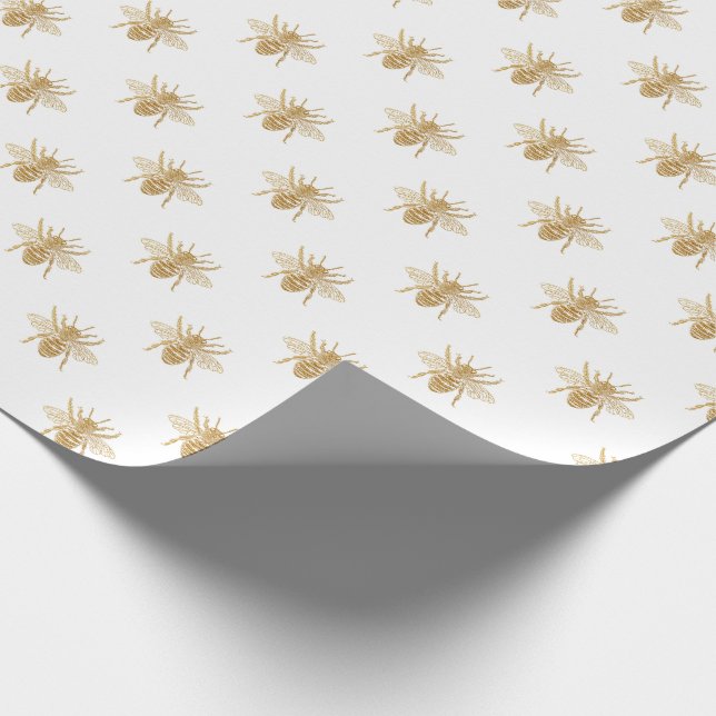 Gold Metallic Faux Foil Photo-Effect Bees on White Wrapping Paper (Corner)