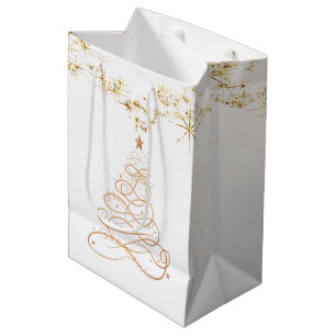 Gold Metallic Filigree Christmas Tree Minimalist Medium Gift Bag