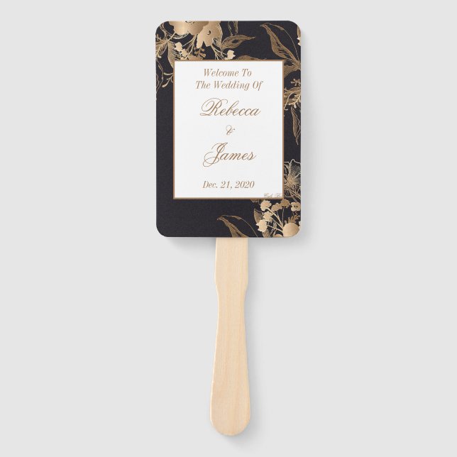 Gold Metallic Floral Arrangement Wedding Program Hand Fan (Front)