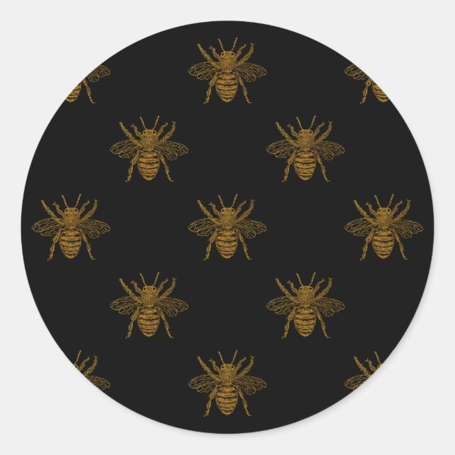Gold Metallic Foil Bees on Black Classic Round Sticker (Front)